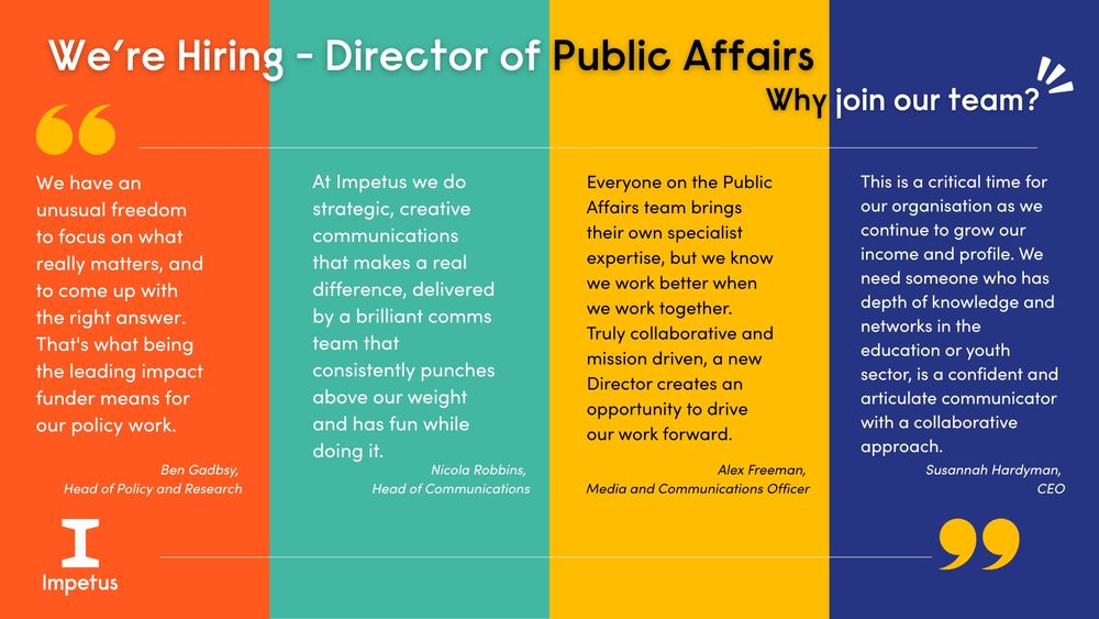 Impetus Director of Public Affairs job ad, showing quotations from different members of the team for why one should apply.