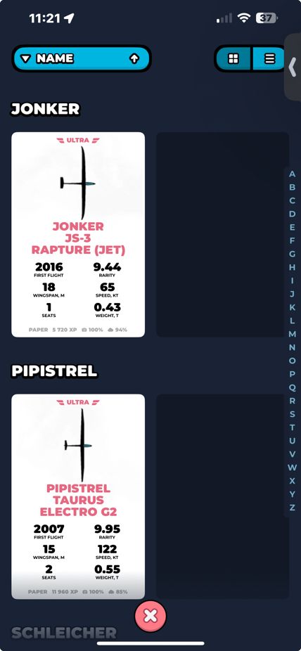 A screenshot of the sky cards app showing two cards of airplane models one named Jonker JS-3 Rapture (Jet) and the other named Pipistrel Taurus Electro G2