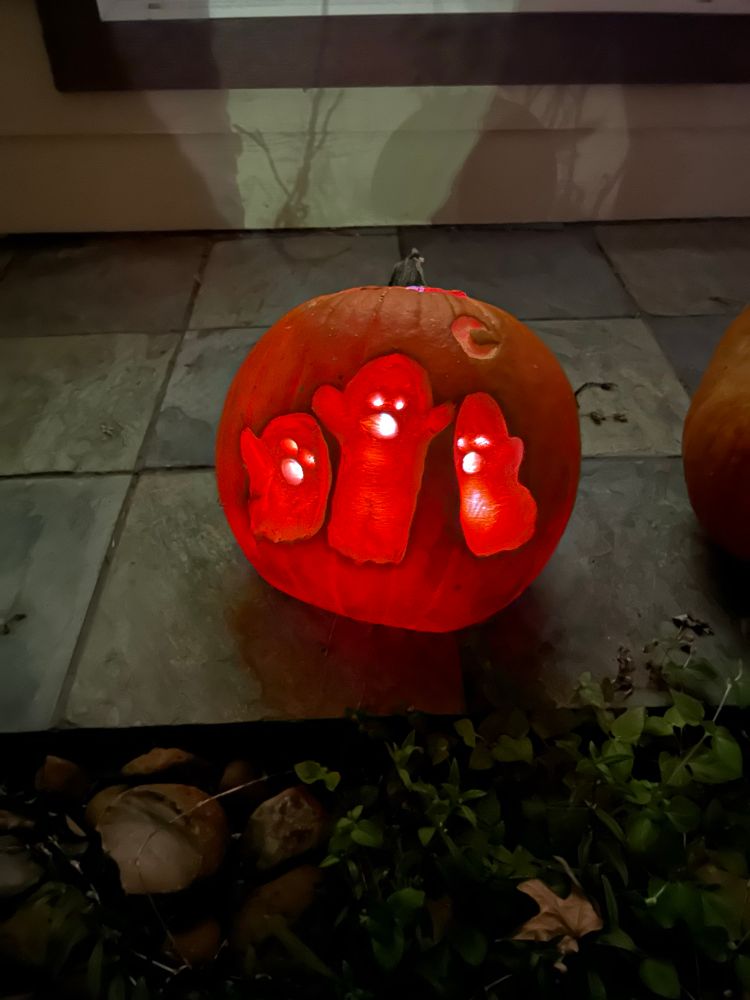 A jackolantern that has three ghosts carved into it. I made them to look like the ghosts from Louie zongs ghost choir animation. It’s lit up and it looks so good!