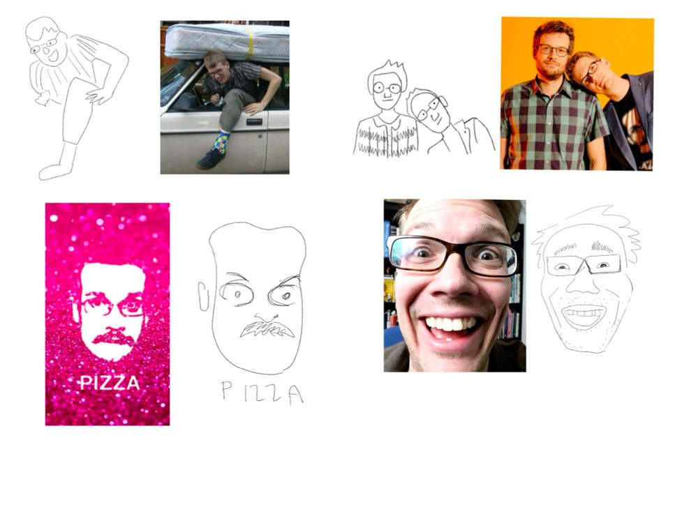 Four ref pics and four simple thin line drawings. One of young Hank climbing out the window of a hatchback. One of a Hank and John marketing photo where Hank is leaning his head on John’s shoulder. One of pizza John on a pink glitter background ( line drawing is just a line drawing and it looks silly because I tried making the negative space of the pizza John design into lines) and one of a close up of Hank making a deranged face at the camera 