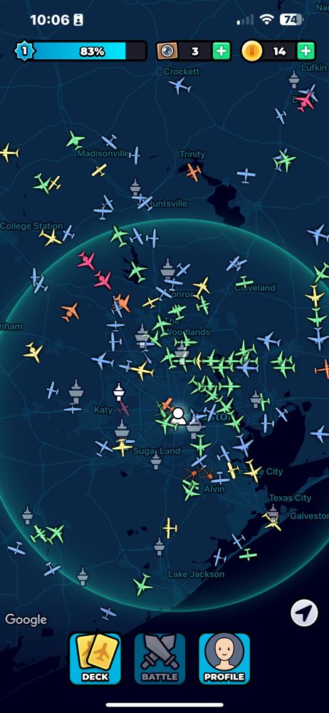 Screenshot of the sky cards game which shows live airplanes on a map around your area and mine has roughly sixty two billion planes shown. 