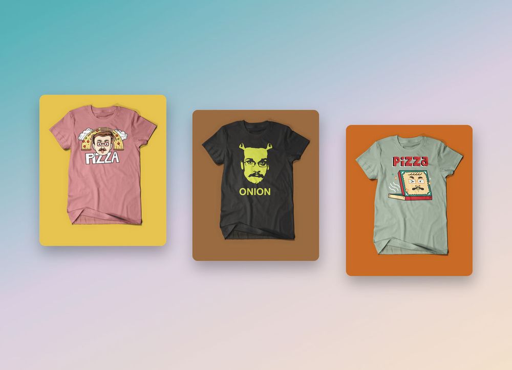 Three pizza John shirts from a couple of years ago. The center of which being a dark grey shirt with a Shrek green colored pizza John with Shrek ears that says ONION