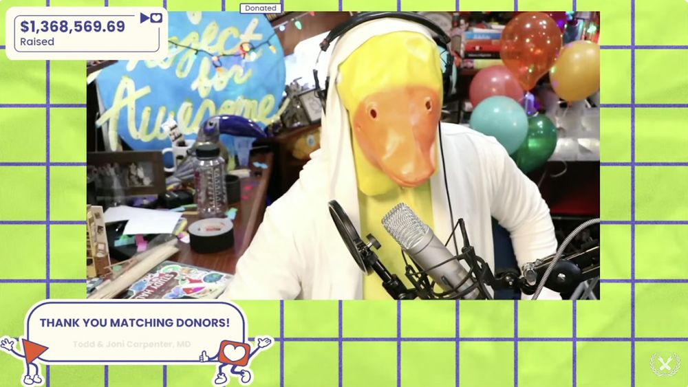 Screenshot of the 2024 P4A with Dr Billiam Feathersby (Hank in a duck costume, white open zip up hoodie and headphones