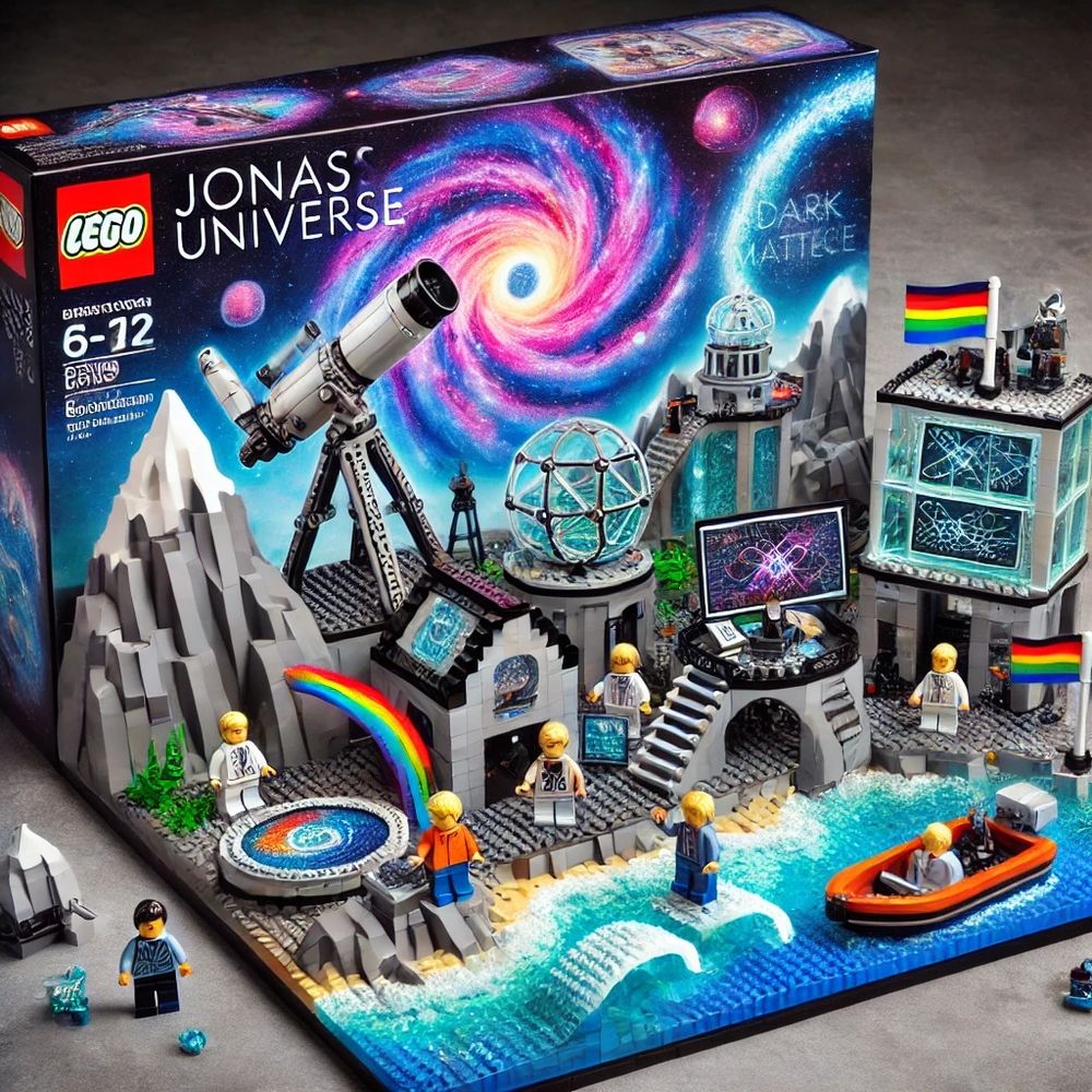LEGO set called "Jonas' Universe", containing mountains, sea, rainbows, rainbow flags, and screens showing physics stuff. The box in the background contains a picture of a spiral galaxy and the words "dark matter".