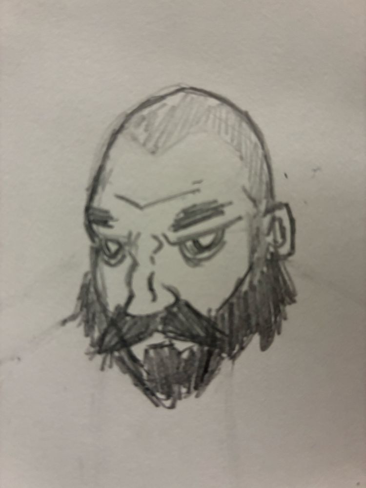 A sketch of a middle-aged man with a scruffy beard, crooked nose, and dark circles under his eyes. His buzzed hair shows a prominent widow’s peak.