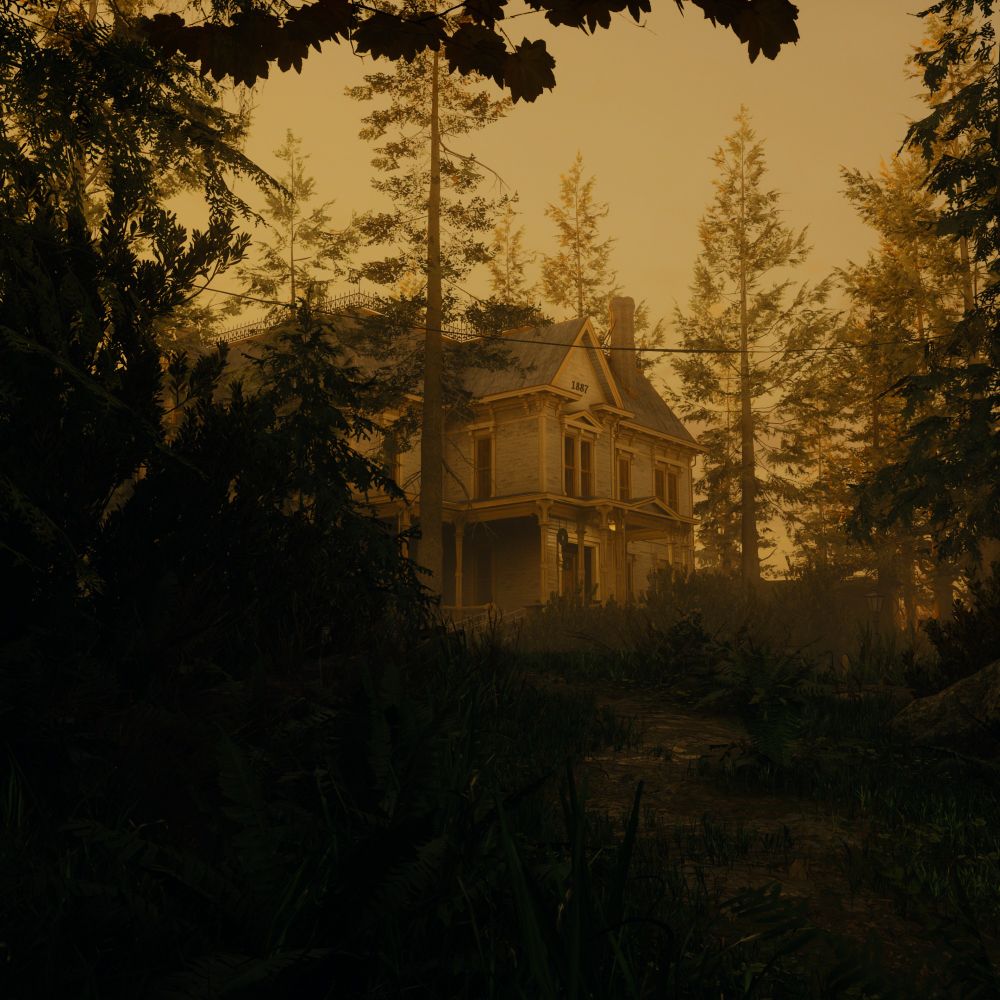 Virtual photography capture from Alan Wake 2. The Valhalla Nursing Home is viewed from a distance on a hazy morning. The area is overgrown with a dirt path leading to the building. Large shrubs line the path to the left of the image, with the sky having an orange haze to it, indicating it's the morning.