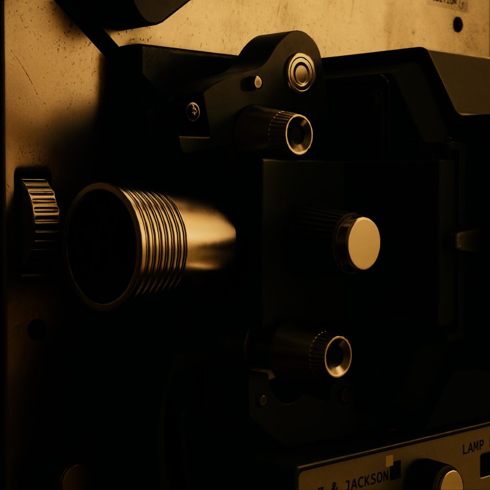 Virtual photography capture from Alan Wake 2. A close up shot of a projector located in the Valhalla Nursing Home. The details on the knobs can be seen as well as along the lens of the projector.