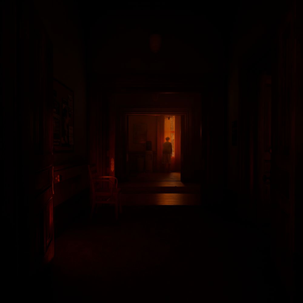 Virtual photography capture from Alan Wake 2. A resident of the Valhalla Nursing Home stands at the end of the hall, looking out of a window. The light pouring in from the window barely lights the hall and is a strong orange light, giving an ominous look to the hallway.