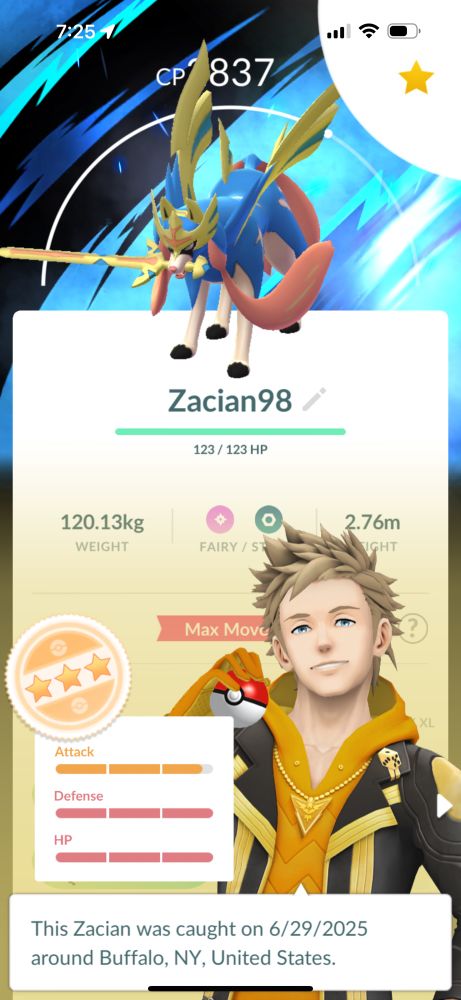 Screenshot from Pokego of a Background Zacian with perf def/hp, and 14 attack! 