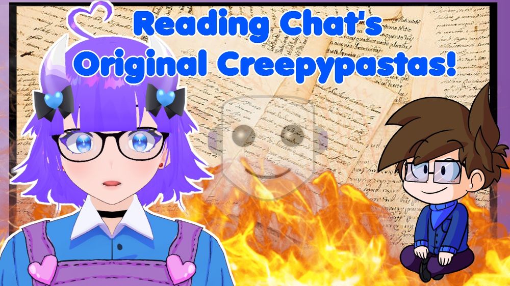 Thumbnail for tonights stream! Senn looks shocked at the literature on fire with a 50% opacity Twitch chat smiling hovering in the middle! Jex is on the right, sittin