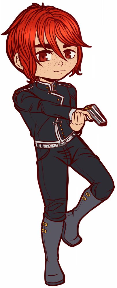 A flat colored chibi sketch of a red haired military character who is holding a gun!