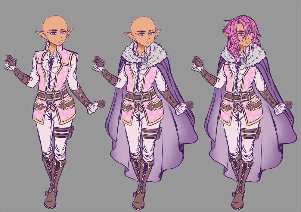 Three sketches of my dnd oc Amelia in a winter outfit! The first two sketches she's without hair to show the outfits better. The first one shows what it looks like without the cape! On the jacket are embroidered roses! She is wearing a ruffled top and the cape has a fur trim. Holding the cape together is a helm pin!