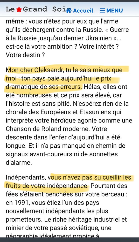 Texte où l’on peut lire, entre autres : « Mon cher Oleksandr, tu le sais mieux que moi : ton pays paie aujourd'hui le prix dramatique de ses erreurs » et « Indépendants, vous n'avez pas su cueillir les fruits de votre indépendance. »
