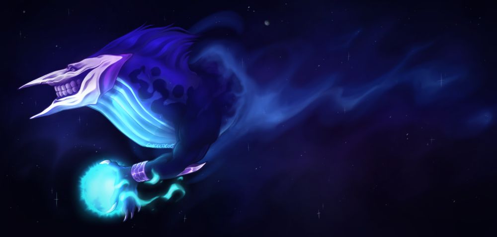 My character Havoc emerging from a portal in space as he pushes his hand against a blue supergiant star, smirking eerily