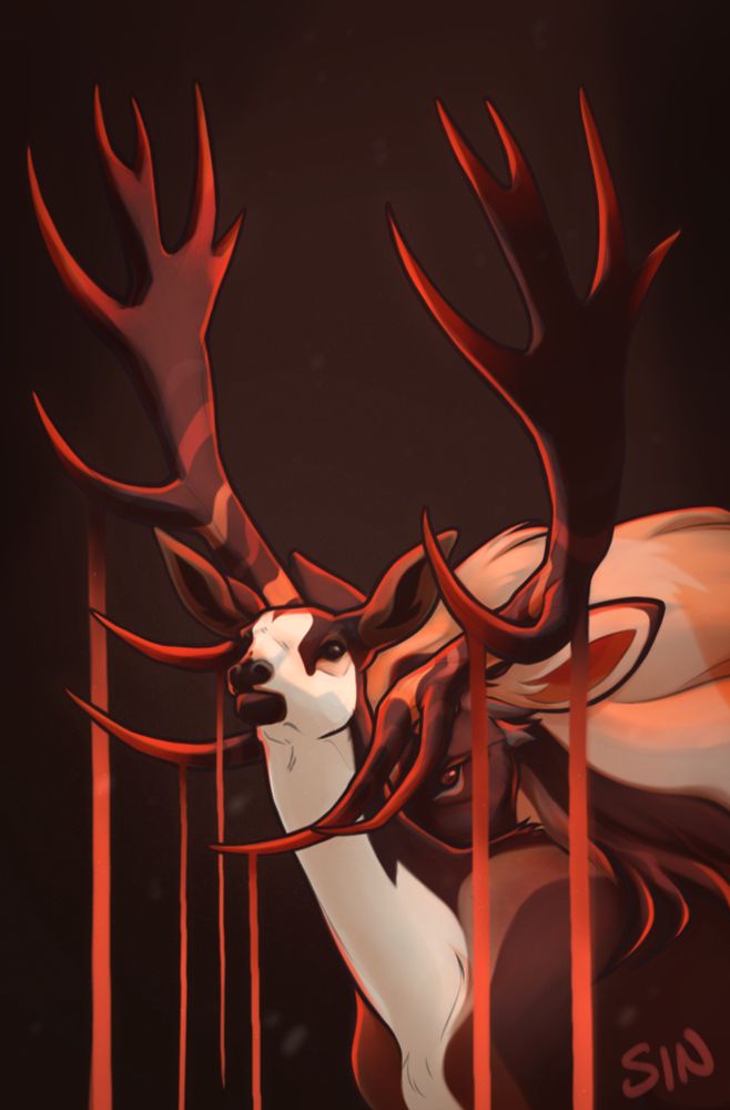 A deer buck resting his head on the neck of a doe, pointing his antlers outward in a protective manner. Red liquid is pouring from the antlers