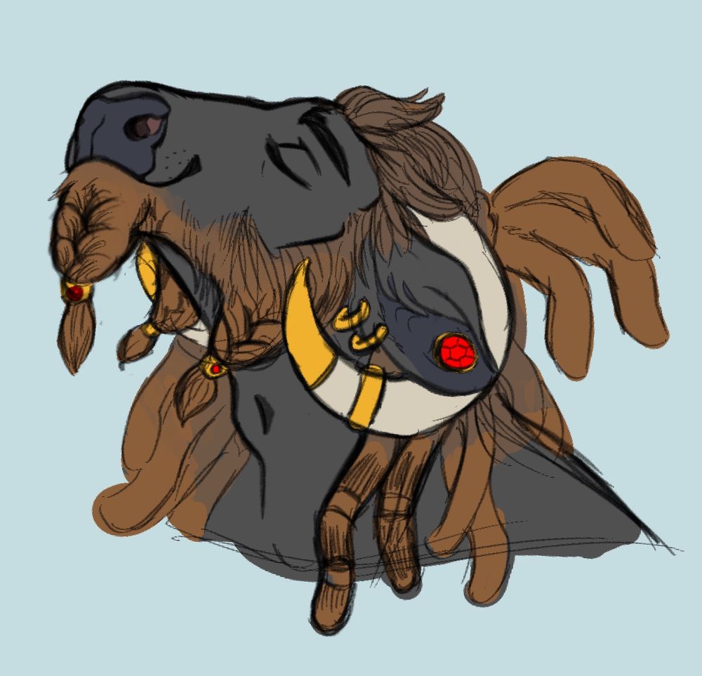 Coloured sketch of a black bull with locks. His eyes are closed and his head is tilted upwards.
