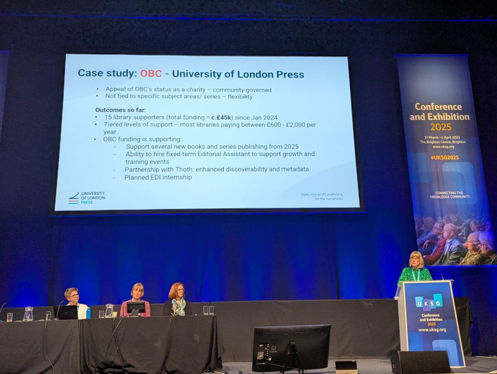Speaker at podium in front of slide titled "Case Study: OBC - University of London Press"