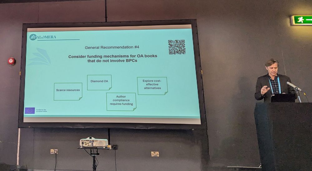 Man at a podium alongside a slide highlighting PALOMERA General Recommendation #4: "Consider funding mechanisms for OA books that do not involve BPCS"