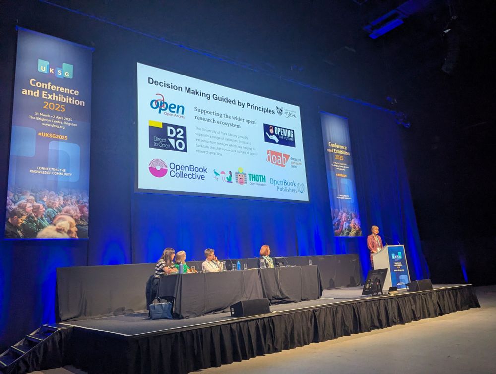 Speaker at a podium by a slide titled Decision Making Guided by Principles, with logos from OAPEN, D2O, Open Book Collective, Thoth, Open Book Publishers, DOAB, and Opening the Future 