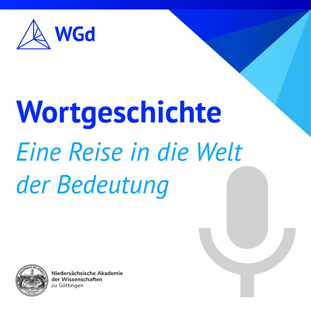 Podcastcover mit dem Schriftzug "Wortgeschichte - Eine Reise in die Welt der Bedeutung", einem Mikrofonicon und den Logos von Wortgeschichte digital sowie der Niedersächsischen Akademie der Wissenschaften zu Göttingen