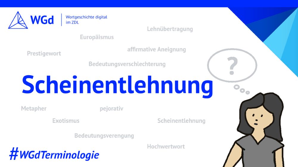 Blauer Schriftzug mit dem Wort Scheinentlehnung, Zeichnung einer Frauenfigur mit Denkblase, die ein Fragezeichen enthält, im Hintergrund in hellgrau verschiedene Fachbegriffe aus der Wörterbucharbeit, Logo des Wörterbuchprojekts Wortgeschichte digital im ZDL, Hashtag WGdTerminologie