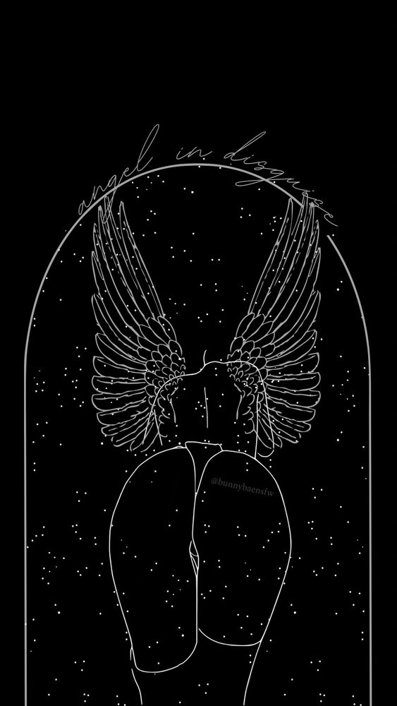 Seductive white outline on black background leaning over exposing thighs and ass to camera, surrounded by stars with white wings with words angel in disguise over an arch