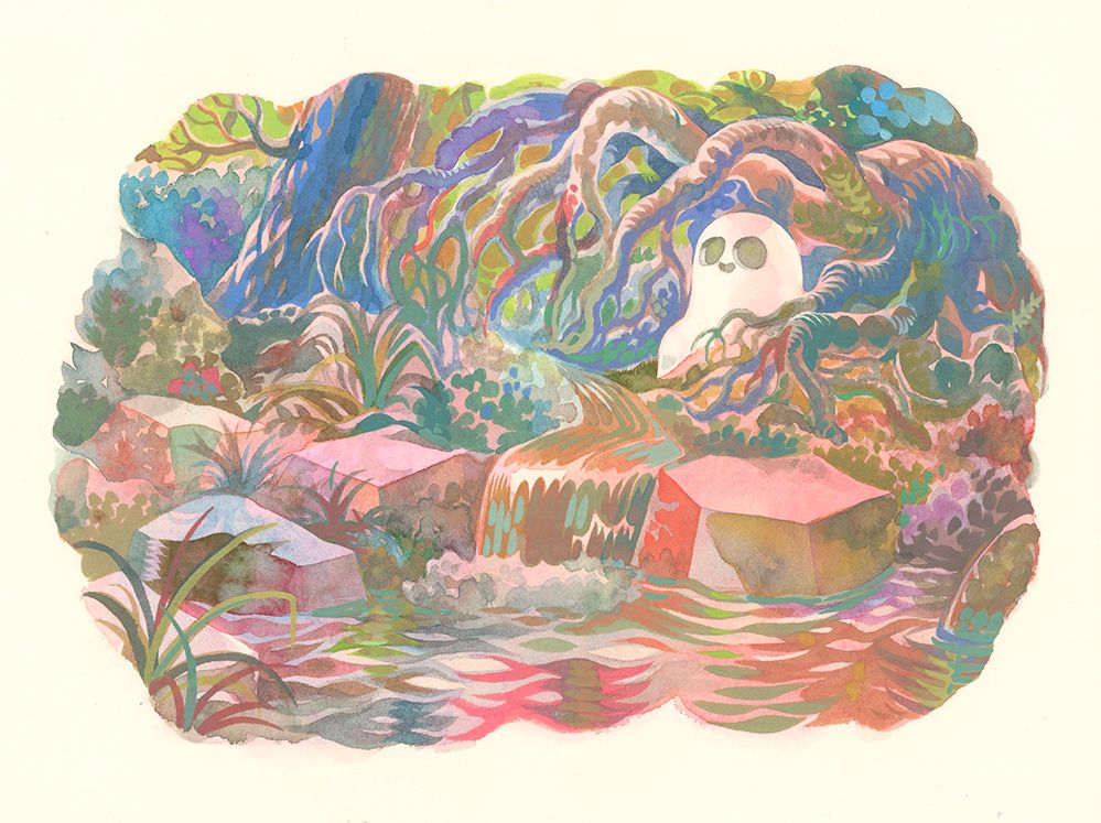 a colorful watercolor painting of a ghost sitting in tree roots near a stream