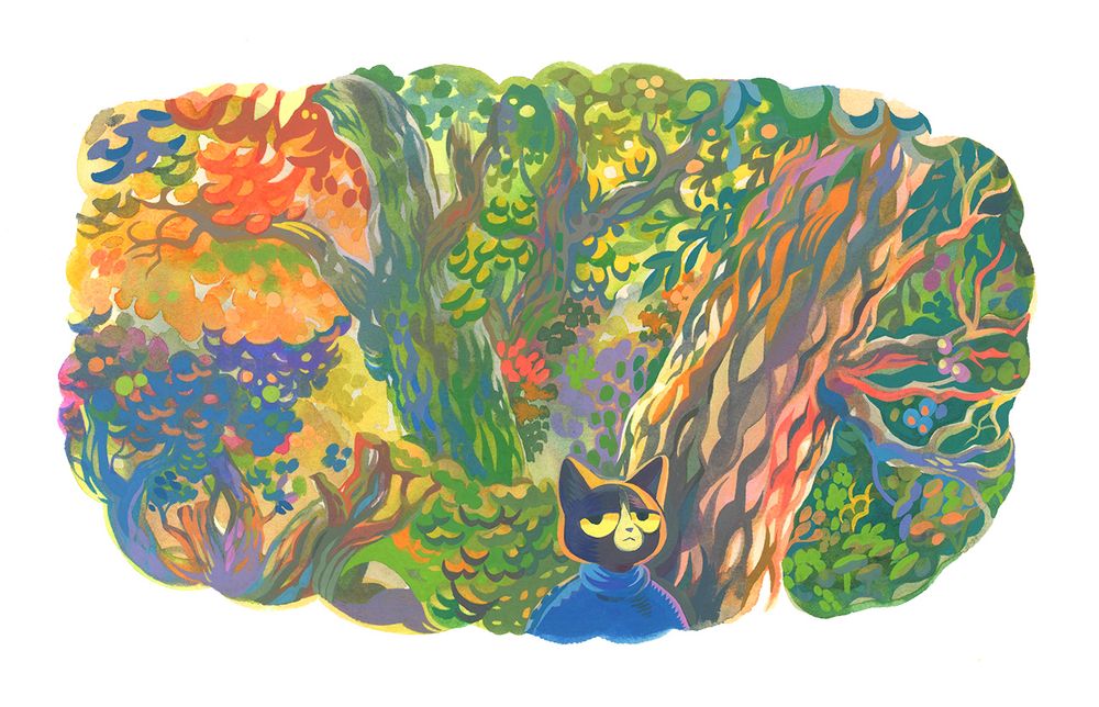 a colorful gouache painting of forest trees, with a cat in the foreground with a blue sweater on