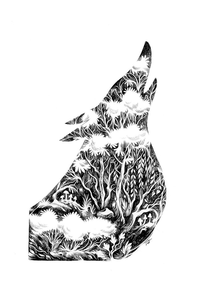 a black and white ink drawing of a wolf silhouette, with trees and plants inside it.
