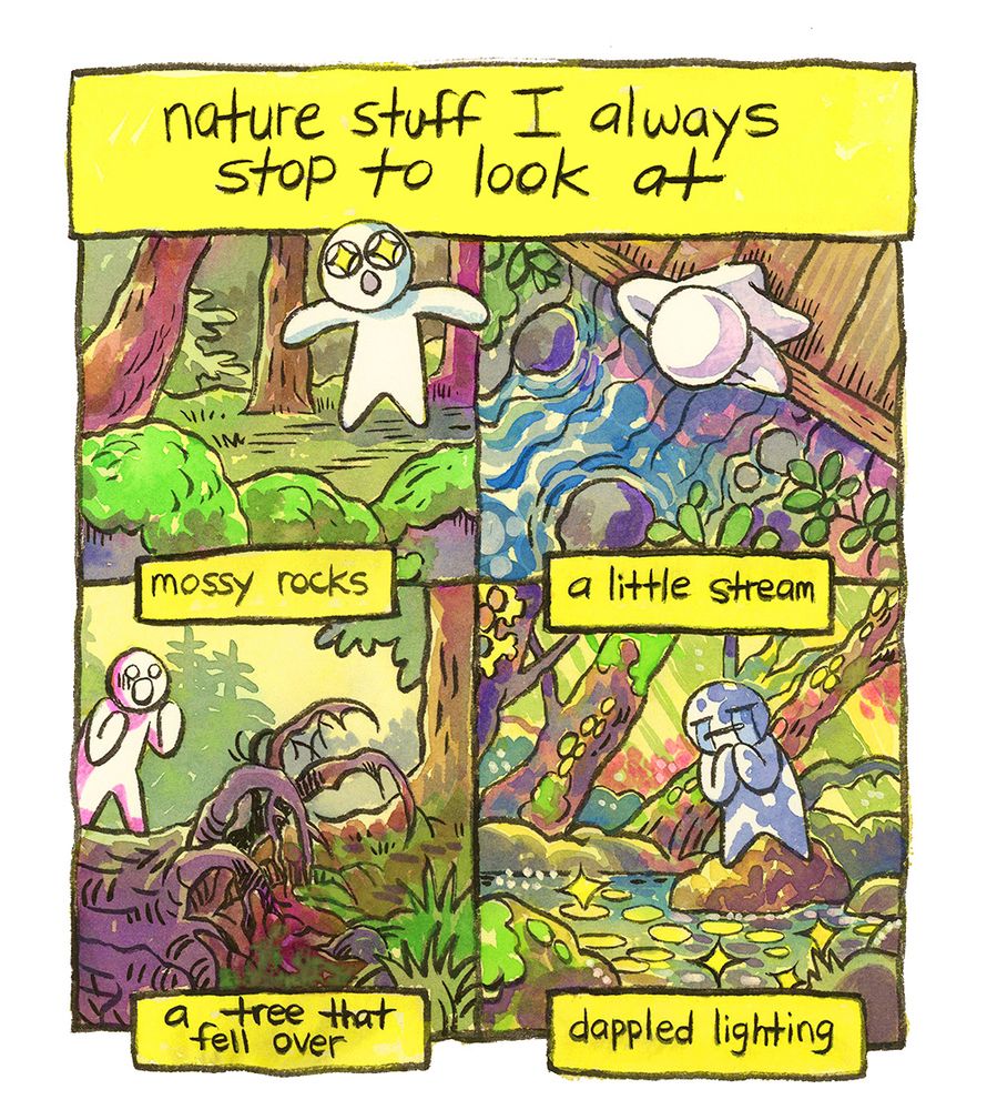 a watercolor comic of 'stuff in nature I always stop to look at' mossy rocks, a little stream, a tree that fell over, dappled lighting