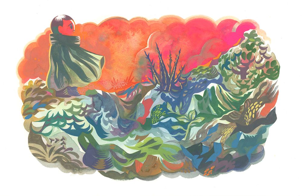 a colorful gouache painting with a cloaked figure on the left, looking out over a weird landscape