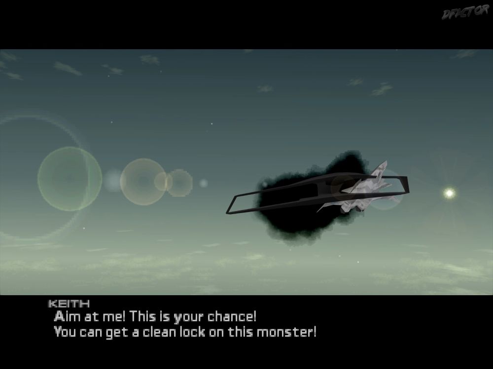 Ace Combat 3 Electrosphere PlayStation 1 video game screenshot.
LoadWordTeam translation of the original Japanese version.
Text: "KEITH: Aim at me! This is your chance!
You can get a clean lock on this monster!"
Keith crashes into Night Raven, severely compromising it's maneuverability and giving Nemo a chance for a clean strike.