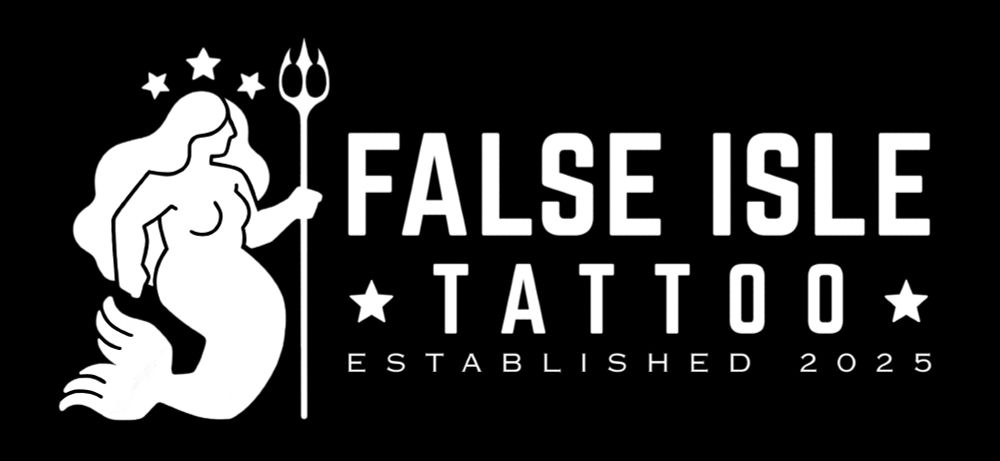 A black and white logo. On the left is a stylized mermaid holding a trident. She has three stars above her head. On the right is the text "False Isle Tattoo, established 2025" 