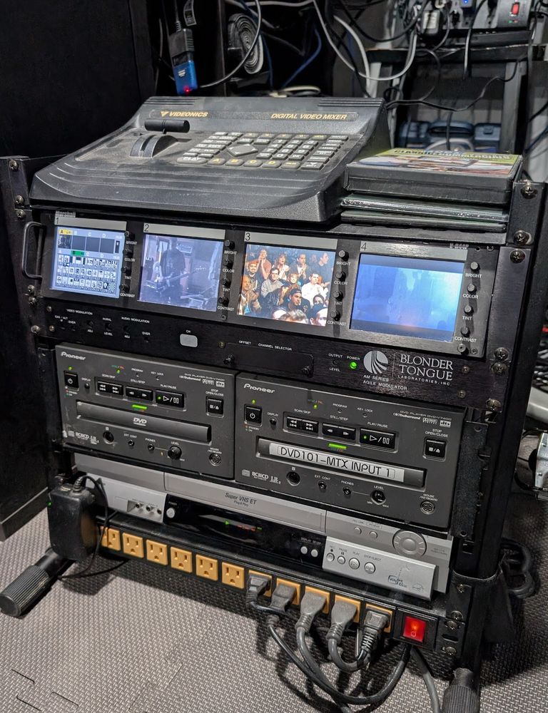 VND and DVD system with a small TV transmitter and mixer. 
