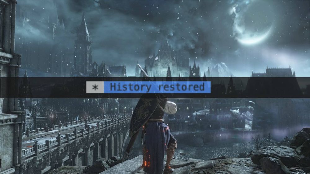 A screenshot from Dark Souls 3 as a character is overlooking the entrance to Irithyll with the text "History Restored" overlaid