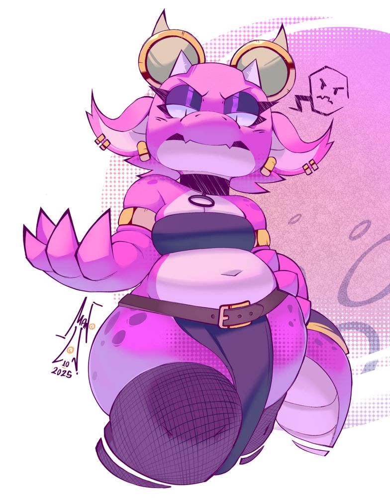 Digital Illustration featuring a pink-ish curvy kobold girl (Li'let). She looks down at the viewer with an angry expression, as if asking for something.