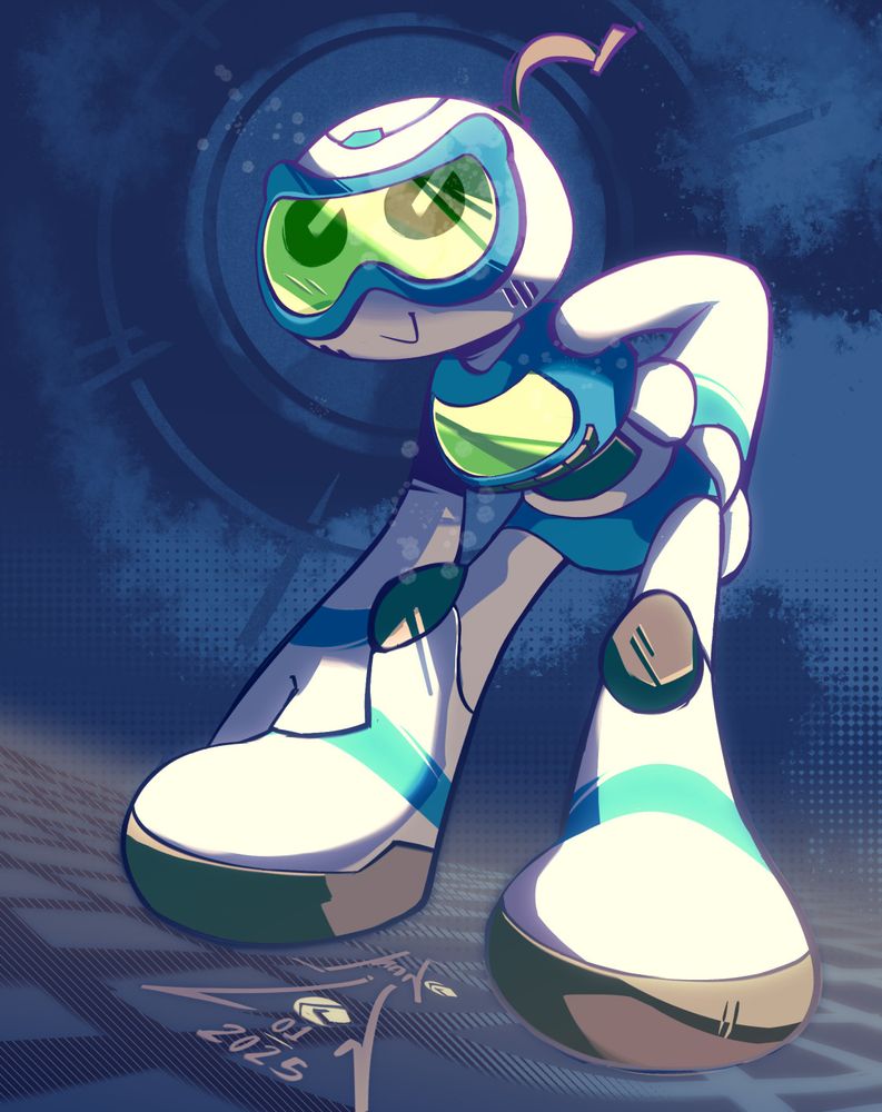 Colorful Illustration featuring a cartoony robot (PipTune's OC Tempo) striking a cool pose. The character appears to be at a satellite or space station.