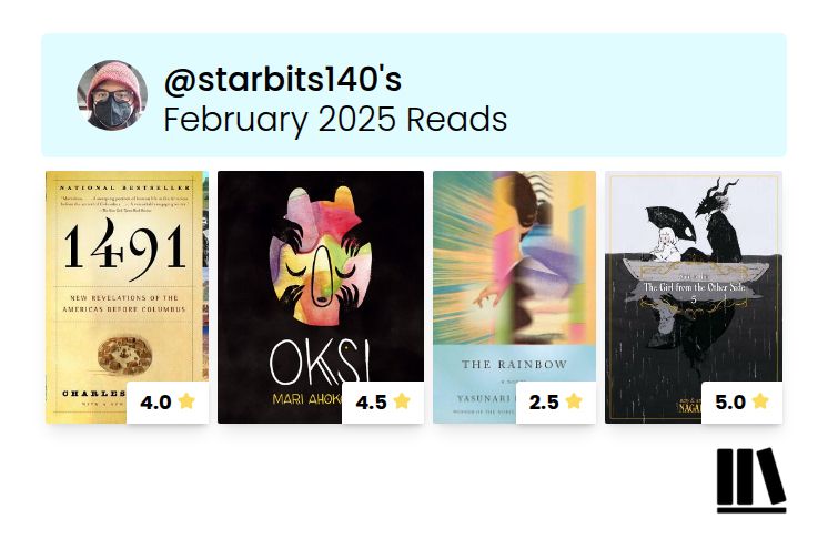 a graphic of the books I finished in February 2025 and the ratings I gave them:
1491 by Charles C. Mann - 4 stars
Oksi by Mari Ahokoivu - 4.5 stars
The Rainbow by Yasunari Kawabata - 2.5 stars
The Girl from the Other Side: Siúil, a Rún Vol. 5 by Nagabe - 5 stars
