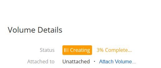 Screenshot from Rackspace showing a new volume at 3% completion