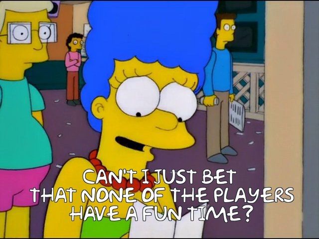 Marge at a racetrack reading a pamphlet, a caption reads "Cant i just bet that none of the players have a fun time?"