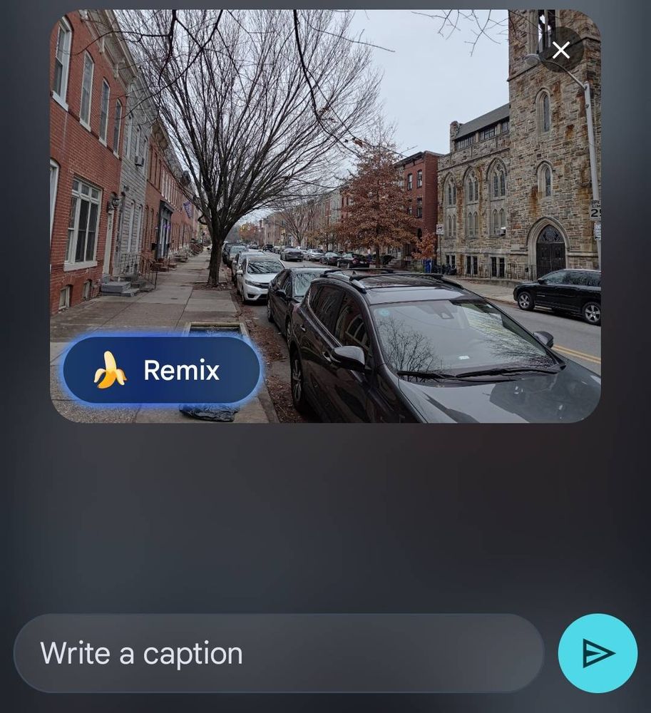 screenshot showing android UI trying to show an image of a city street to someone.  superimposed on the image is a button with a banana emoji and the text "remix"