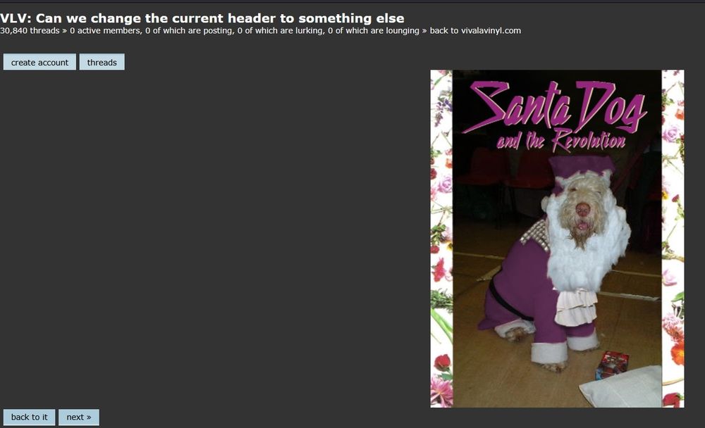 a screenshot of an old looking website featuring an image of a dog dressed as Prince labeled Santa Dog and the Revolution 