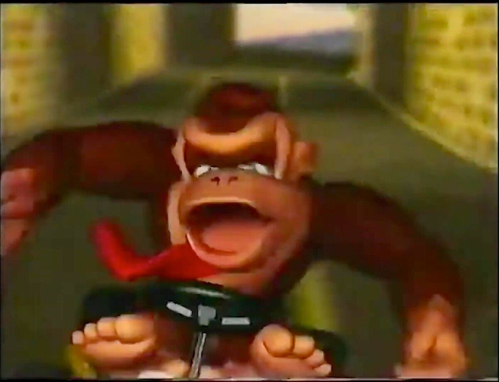 a garish rendering of donkey kong from a mario kart 64 commercial from europe