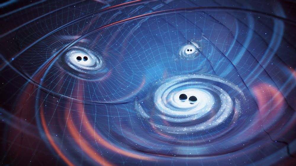 Artist's rendering of black hole binaries emitting gravitational waves. As the waves overlap, they produce a background of gravitational waves that creates a distinctive correlation pattern in the timing of pulses coming from pairs of pulsars