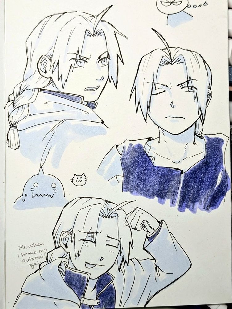 3 headshots of edward elric from full metal alchemist, 2 with stern expressions 1 silly tehepero