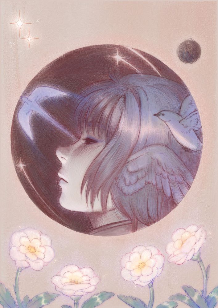 meteion from ffxiv stands profile within a circular mask. two blue birds fly past her with several other shooting stars in the distance. at the bottom of the image are four sparkling elpis flowers
