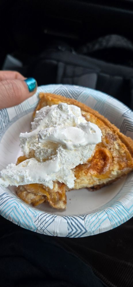 My breakfast of a big slice of peach cheesecake with cool whip topping on my way to work this morning.
