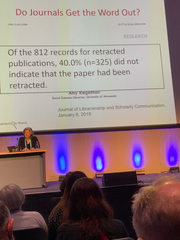 Picture of a highlighted quote from an article in the Journal of Librarianship & Scholarly Communication indicating that 40% of retracted papers are not noted by the publisher that originally poublished the paper