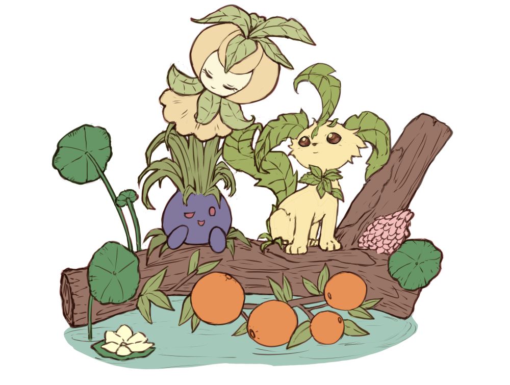 Smooth linework detailed cute adorable grass type Pokémons Petilil leafeon and oddish digital art wip work in progress
