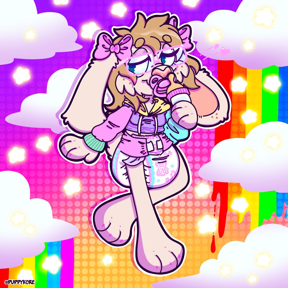 an anthro bunny dressed in a big poofy diaper and cute pastel hoodie floats in a colorful background of clouds dripping rainbows and stars